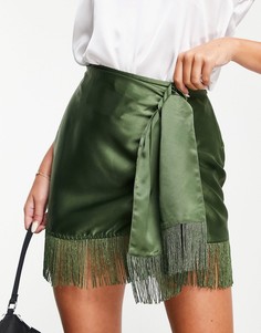 Атласная юбка мини цвета хаки с запахом и бахромой ASOS DESIGN-Разноцветный