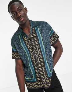 Свободная атласная рубашка с отложным воротником и принтом вдоль кромки ASOS DESIGN-Черный цвет
