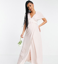 Розовое платье макси для подружки невесты с объемными рукавами, атласной лентой на талии и пуговицами на спинке ASOS DESIGN Maternity-Розовый цвет