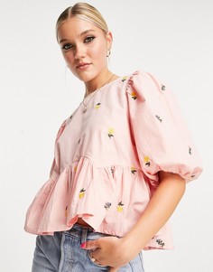 Розовый свободный топ с пышными рукавами и цветочным принтом In The Style x Lorna Luxe-Розовый цвет