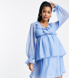 Мягкое платье мини с запахом на талии, оборками и ажурной отделкой ASOS DESIGN Maternity-Голубой