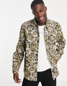 Рубашка навыпуск с камуфляжным принтом цвета хаки Topman-Зеленый цвет