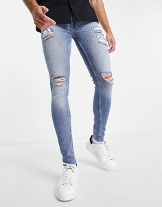 Супероблегающие джинсы синего выбеленного цвета Jack & Jones Intelligence Tom-Темно-синий