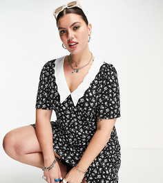 Чайное платье мини с цветочным принтом и воротником с фигурным краем ASOS DESIGN Curve-Разноцветный