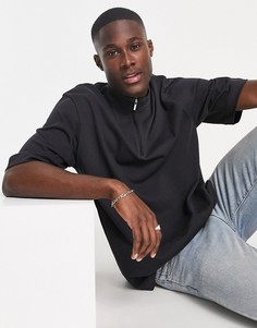 Черная oversized-футболка с воротником-трубой и короткой молнией Topman-Черный цвет