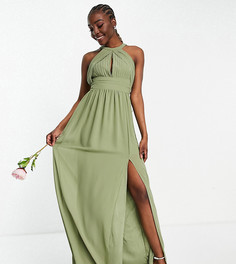 Плиссированное платье макси приглушенного зеленого цвета для подружки невесты TFNC Tall Bridesmaid-Зеленый цвет