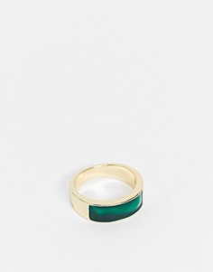 Золотистое кольцо-печатка со вставкой из зеленой эмали DesignB-Золотистый