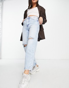 Голубые выбеленные джинсы бойфренда со рваной отделкой на коленях Bershka-Голубой