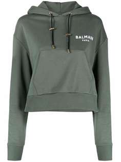 Balmain flocked logo detail cropped hoodie