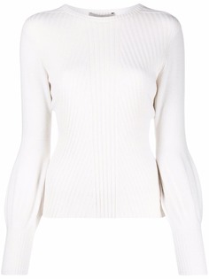 D.Exterior ribbed-knit crewneck sweater