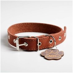 Ошейник кожаный однослойный, 30 53см, 58*2,5 см, коньяк с деревянным подвесом Друг человека Пушистое счастье