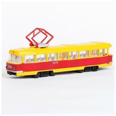 Технопарк Машина металлическая «Трамвай», световые и звуковые эффекты, открываются двери, инерционная, 18 см