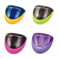 Точилка BRAUBERG "Space", 2 отверстия для чернографитных карандашей (в том числе утолщенных), резиновый упор, с контейнером, ассорти, 223589