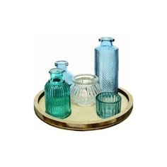 Набор вазочек и подсвечников аквамарин на подносе, стекло, дерево, Kaemingk 866014