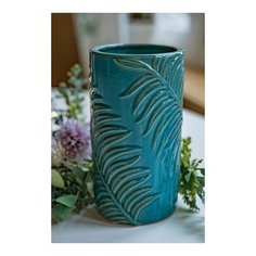 Декоративная керамическая ваза пальмовый мотив, тёмно-бирюзовая, 19 см, Kaemingk 802508