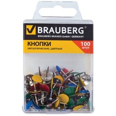 Кнопки канцелярские BRAUBERG, металлические, цветные, 10 мм, 100 шт., в пластиковой коробке, 221114