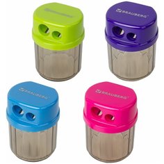 Точилка BRAUBERG "Drum Dual", 2 отверстия для чернографитных карандашей (в том числе утолщенных), с контейнером, корпус ассорти, 228436