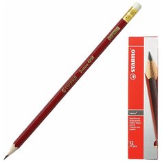 Карандаш чернографитный STABILO, 1 шт., "Swano", HB, с резинкой, корпус красный, заточенный, 4906/HB