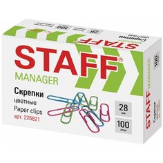 Скрепки STAFF "Manager", 28 мм, цветные, 100 шт., в картонной коробке, 226821