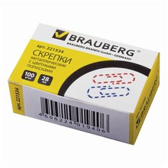 Скрепки BRAUBERG, 28 мм с цветными полосками, 100 шт., в картонной коробке, 221534
