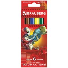 Фломастеры BRAUBERG "Star Patrol", 6 цветов, вентилируемый колпачок, картонная упаковка, увеличенный срок службы, 150543