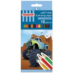 Карандаши цветные пифагор "джип", 12 цветов, пластиковые, классические заточенные, 181342