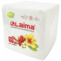 Салфетки бумажные 100 шт., 24х24 см, LAIMA/лайма, белые, 100% целлюлоза, 126907