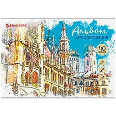 Альбом для рисования А4 40 листов, скоба, глянцевый лак, BRAUBERG, 202х285 мм, "Города" (1 вид), 105094
