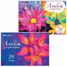 Альбом для рисования А4, 24 листа, скоба, выборочный лак, BRAUBERG, 202х285 мм, "Яркие цветы" (2 вида), 105060