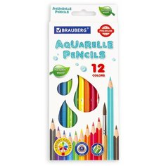 Карандаши цветные акварельные BRAUBERG PREMIUM AQUARELLE, 12 цветов, грифель мягкий 4 мм, 181671