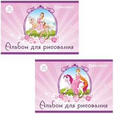 Альбом для рисования, А4, 20 л., скоба, обложка картон, BRAUBERG, 200х283 мм, "Принцессы" (2 вида), 104869