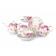 Сервиз чайный. Дулёвский фарфоровый завод. Форма Тюльпан. Рисунок Пурпуровый цветок. 15 предм.