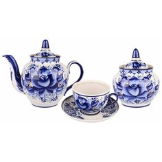 Сервиз чайный. Гжельская мануфактура. Гранатовый Золото. 14 предметов.