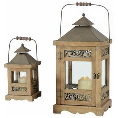Набор винтажных фонарей аури, дерево, стекло, коричневый, 2 шт., 13х13х26 см и 23х23х45 см, Boltze