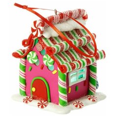 Ёлочное украшение светящееся карамельный домик розовый с подсветкой LED-огнями, полирезин, 6х6х8.5-9 см, Forest Market
