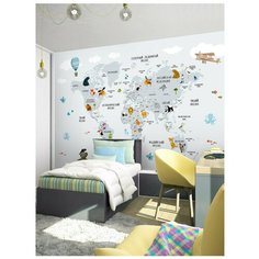Фотообои Карта путешественника для детей с животными, самолетами в серых цветах/ Красивые уютные обои на стену в интерьер комнаты/ Детские для мальчика для девочки, для подростков/ В детскую спальню/ размер 400х270см/ Флизелиновые