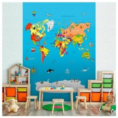 Фотообои Детская карта мира в ярких цветах с животными/ Красивые уютные обои на стену в интерьер комнаты/ Детские для мальчика для девочки, для подростков/ В детскую спальню/ размер 200х270см/ Флизелиновые