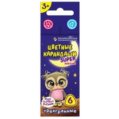 ВКФ Super SCP-3006 Набор цветных карандашей трехгранные короткие Совенок 6 цв. 8 шт. Воскресенская карандашная фабрика