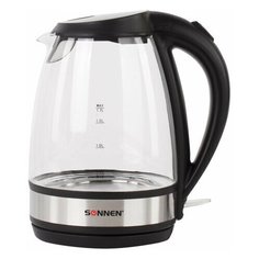 Чайник SONNEN KT-201, 1,7 л, 2200 Вт, закрытый нагревательный элемент, стекло, подсветка, черный, 451712