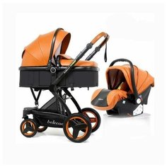 Детская коляска 3 в 1 Belecoo X6 Brown (Рыжая экокожа) c 0-3 лет с автокреслом