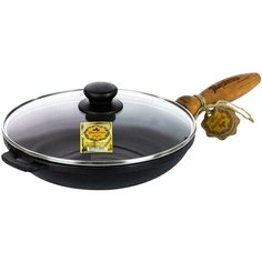 Сковорода чугунная литая Maysternya 26*4 см с деревянной ручкой со стеклянной крышкой