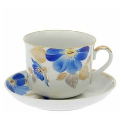 Чашка с блюдцем чайная. Дулевский фарфоровый завод. Форма Ностальгия. Рисунок Синий цветок. 450 мл.