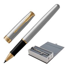 Ручка-роллер PARKER "Sonnet Core Steel GT", корпус серебристый, позолоченные детали, черная, 1931506