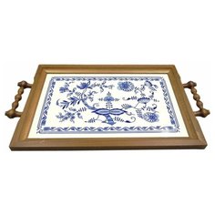 Поднос 37,5 см квадратный в деревянной раме с ручками Leander "Мэри Энн /Гжель" / 157853