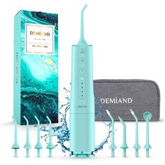 Портативный ирригатор для очистки полости рта с чашей 360мл и регулируемым напором воды DIY, 8 насадок, сумочка DEMIAND MODERN IR-P650/Бирюза