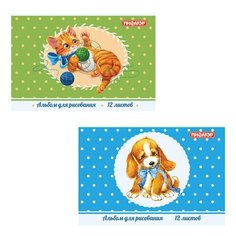 Альбом для рисования, А4, 12 л., скоба, обложка офсет, пифагор, 200х285 мм, "Любимцы" (2 вида), 104856