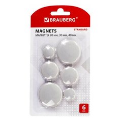 Магниты BRAUBERG "STANDARD", набор 20 мм - 2 шт., 30 мм - 2 шт., 40 мм - 2 шт., серые, BRAUBERG, 237473
