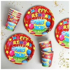 Набор бумажной посуды "С Днём Рождения" стаканы 6 шт, тарелки 6 шт 7105185 Страна Карнавалия