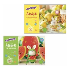 Альбом для рисования, А4, 20 листов, скоба, обложка картон, с раскраской, юнландия, 202х285 мм, "Вязаный заяц" (2 вида), 105050