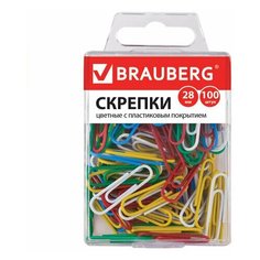 Скрепки BRAUBERG, 28 мм, цветные, 100 шт., в пластиковой коробке, 221111